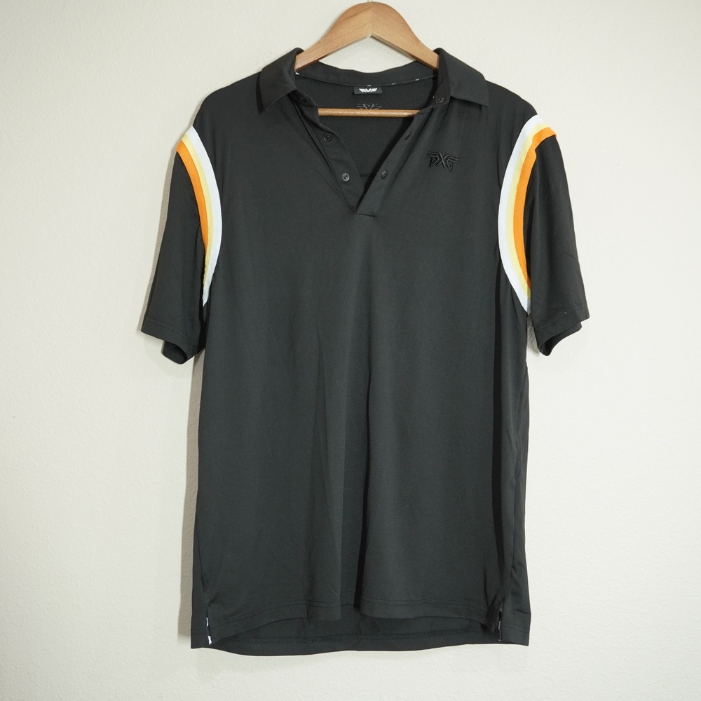 PXG Men's Size Medium Golf Polo Shirt Black Short Sleeve Striped Lightweight